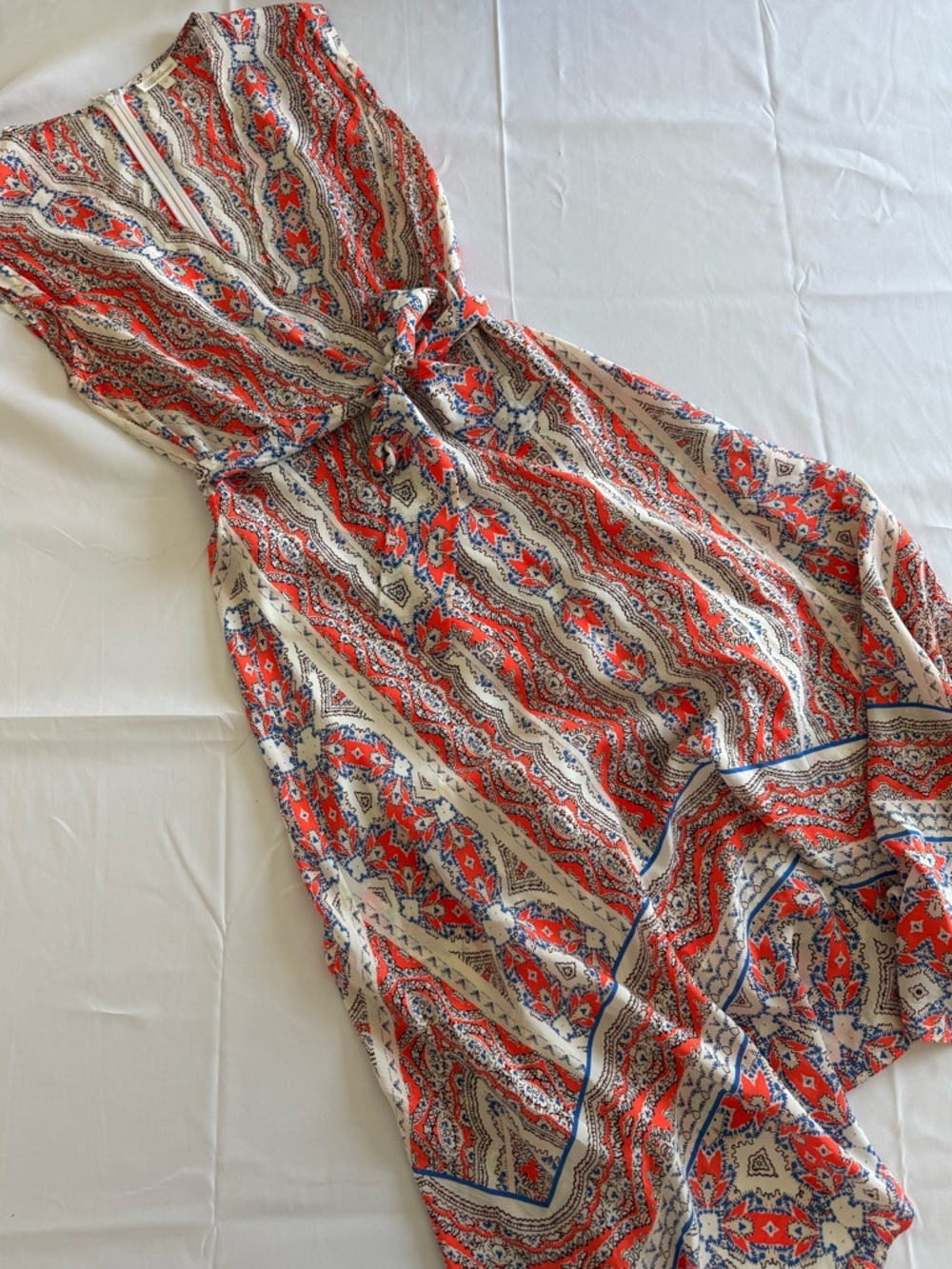 Shoshanna Orange, Blue and Cream Paisley Tie-Waist asymmetrical Silk Midi Dress